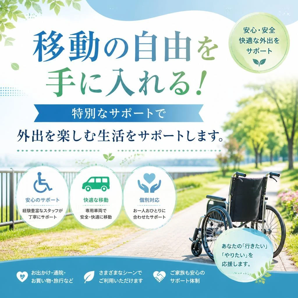 移動の自由を手に入れる！特別なサポートで外出を楽しむ生活をサポートします。