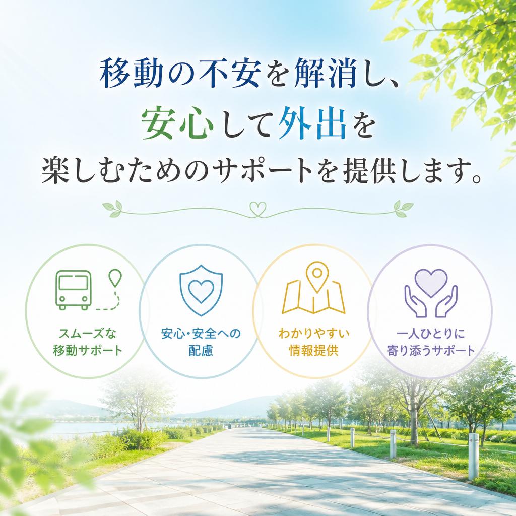 「移動の不安を解消し、安心して外出を楽しむためのサポートを提供します。」