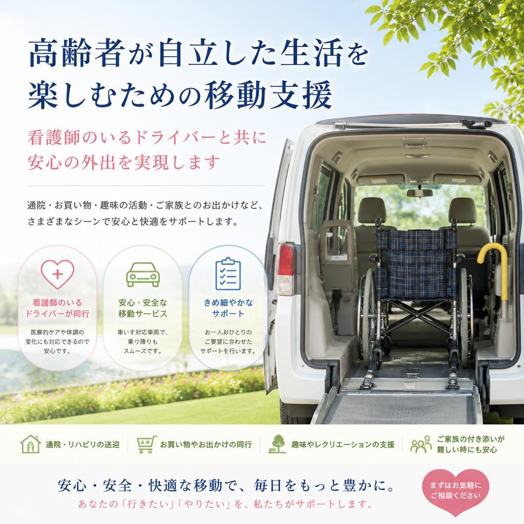 高齢者が自立した生活を楽しむための移動支援—看護師のいるドライバーと共に安心の外出を実現します